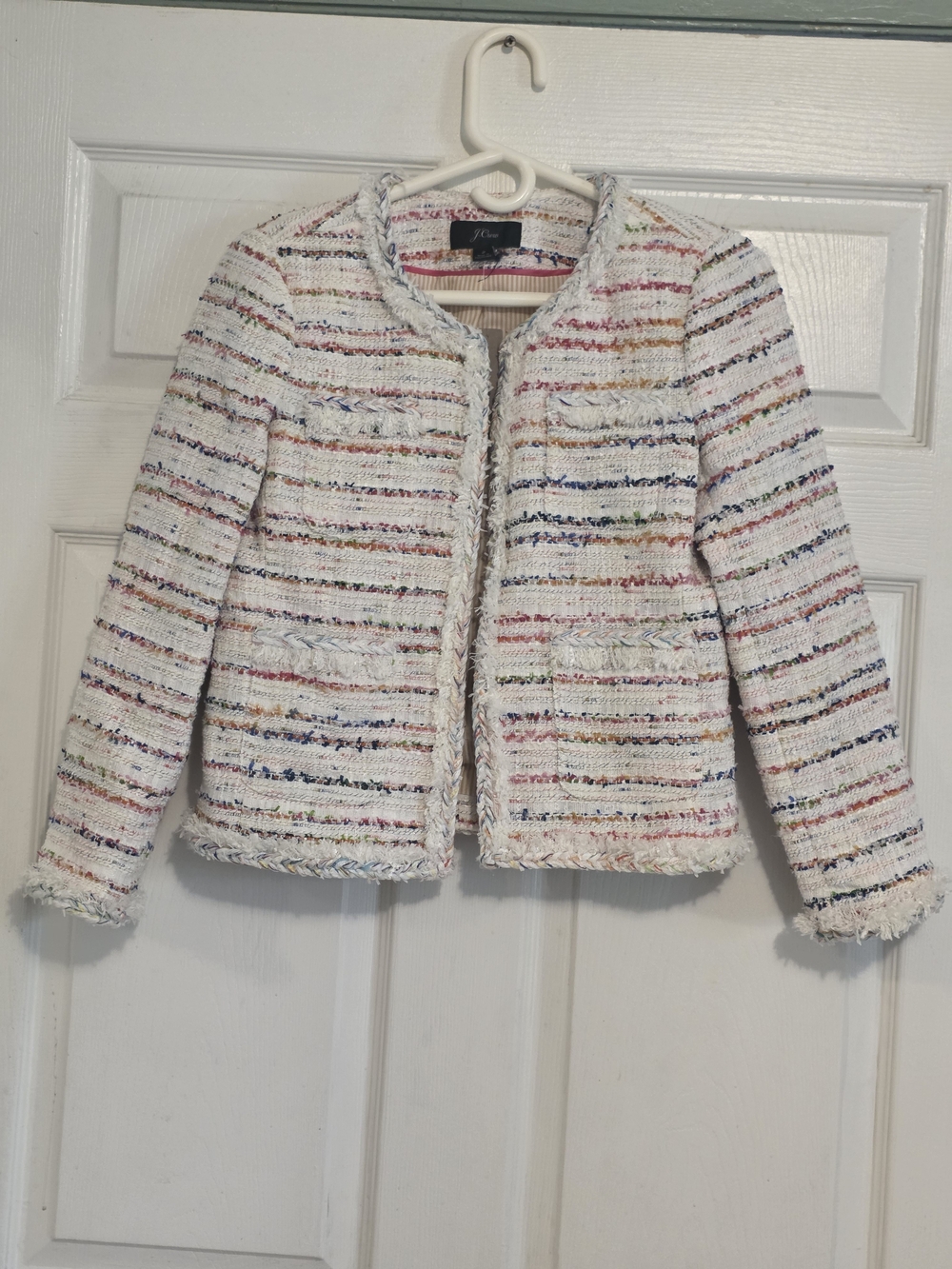 J. Crew Cream Tweed Fringe Jacket with Multicolor Stripes